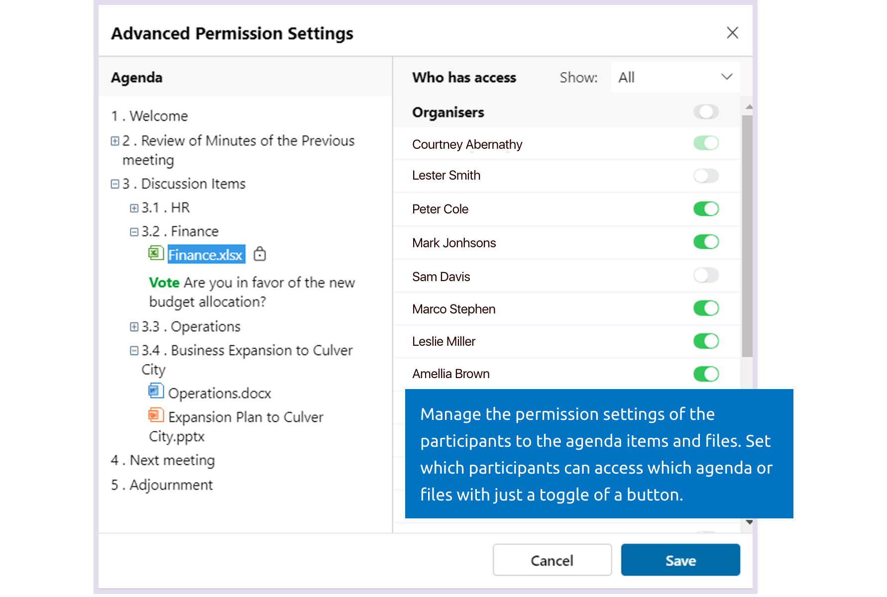 Restrict access of some participants to meeting files